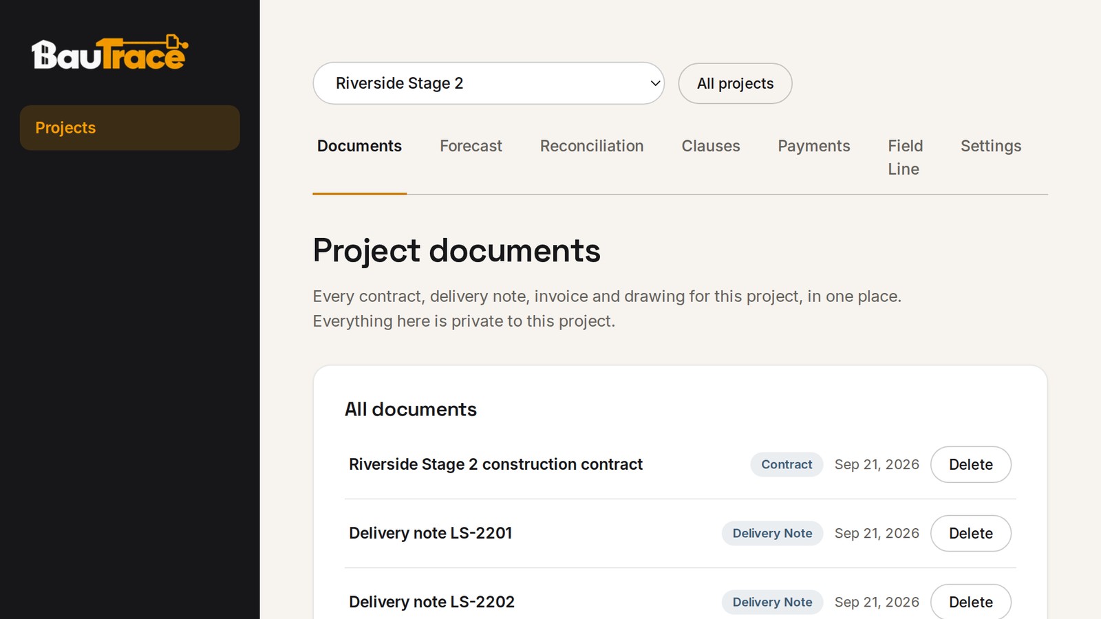 Real prototype screen: the project documents list with contract, delivery notes and invoices, each labelled by type