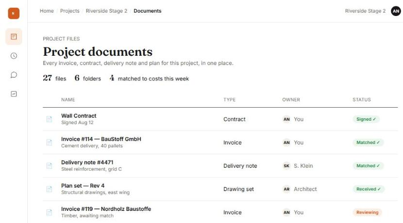 Prototype screen: project documents list with contract, invoice, delivery note and plan set, each matched and status-tagged